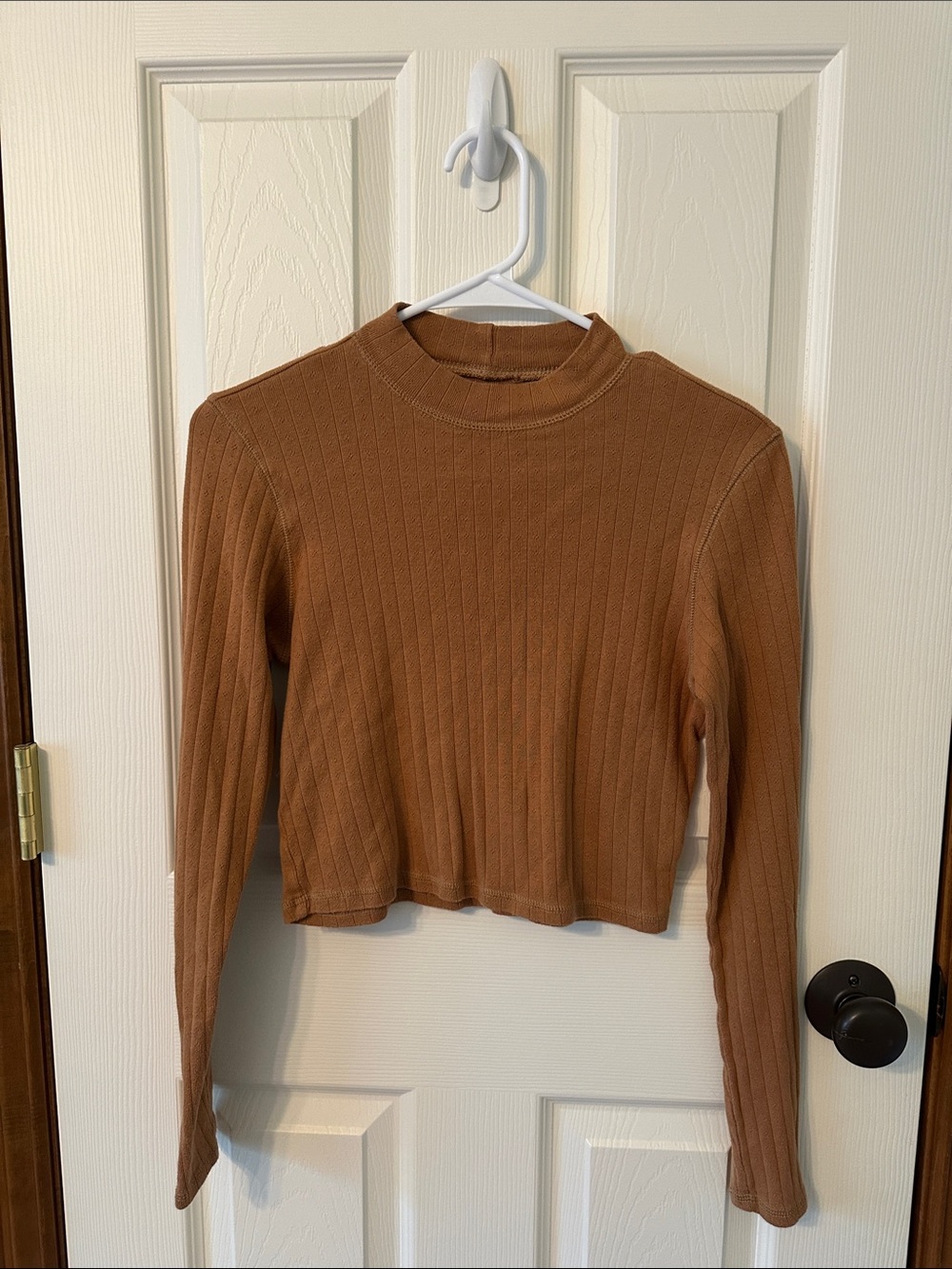American Eagle Outfitters Ribbed Long-Sleeve Crop Top - Camel Brown